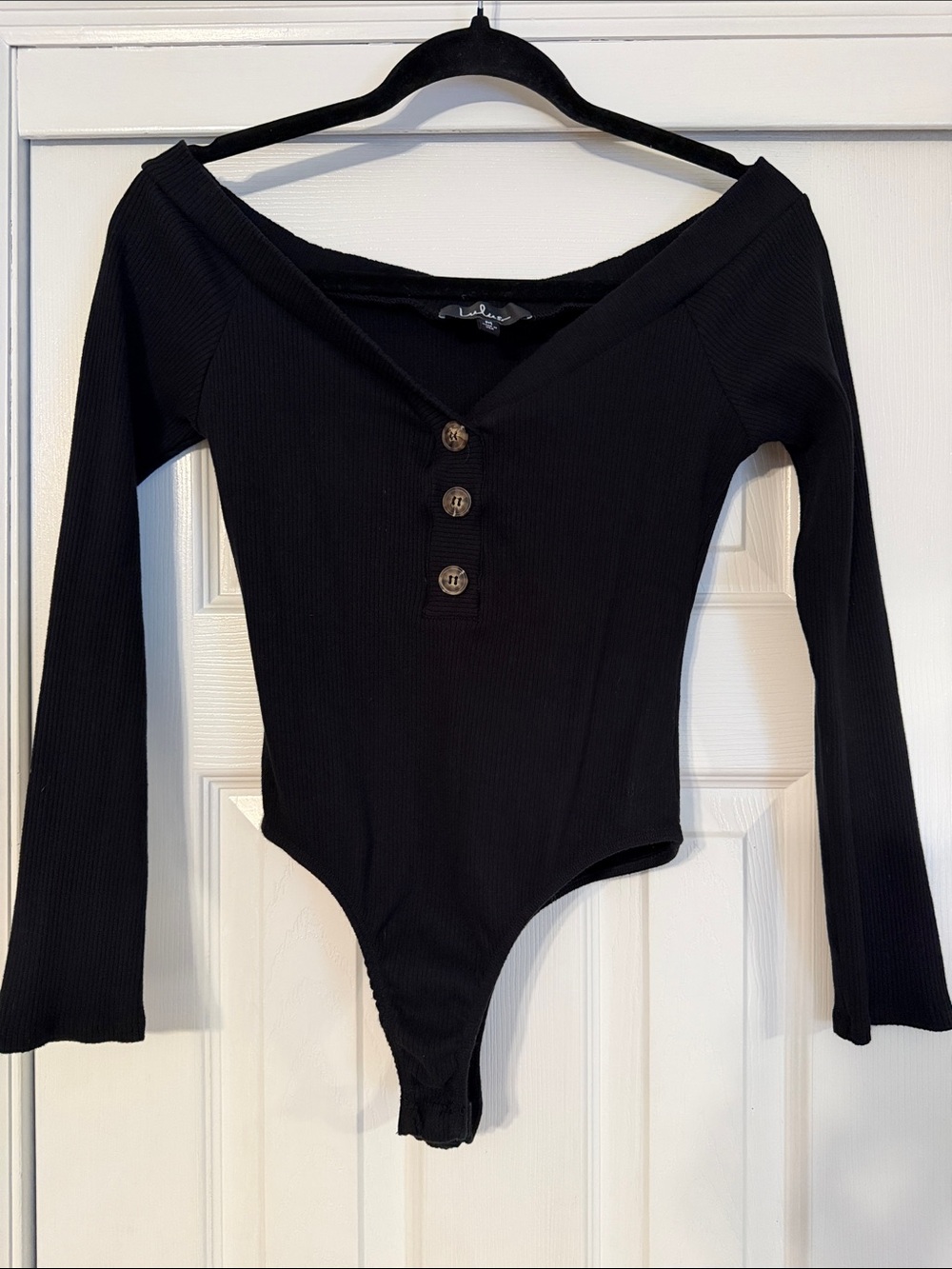 Lulu's Black Ribbed Off-Shoulder Long Sleeve Bodysuit